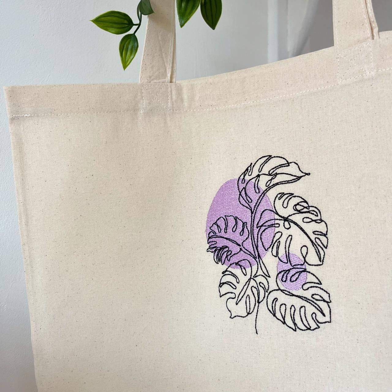 Monstera Plant Embroidered Tote Bag