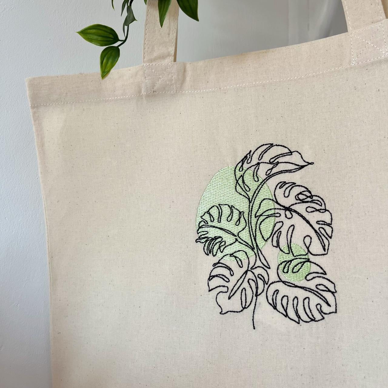 Monstera Plant Embroidered Tote Bag