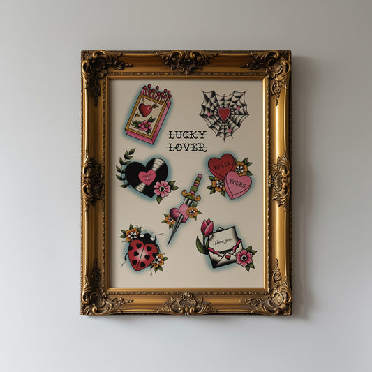 Valentine’s Traditional Tattoo Flash Sheet Print Poster