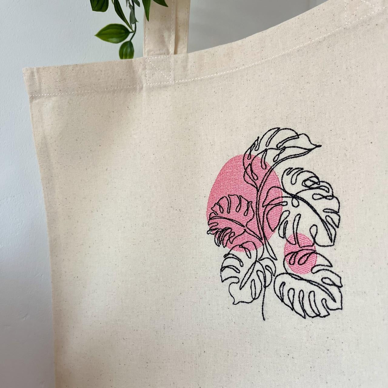 Monstera Plant Embroidered Tote Bag