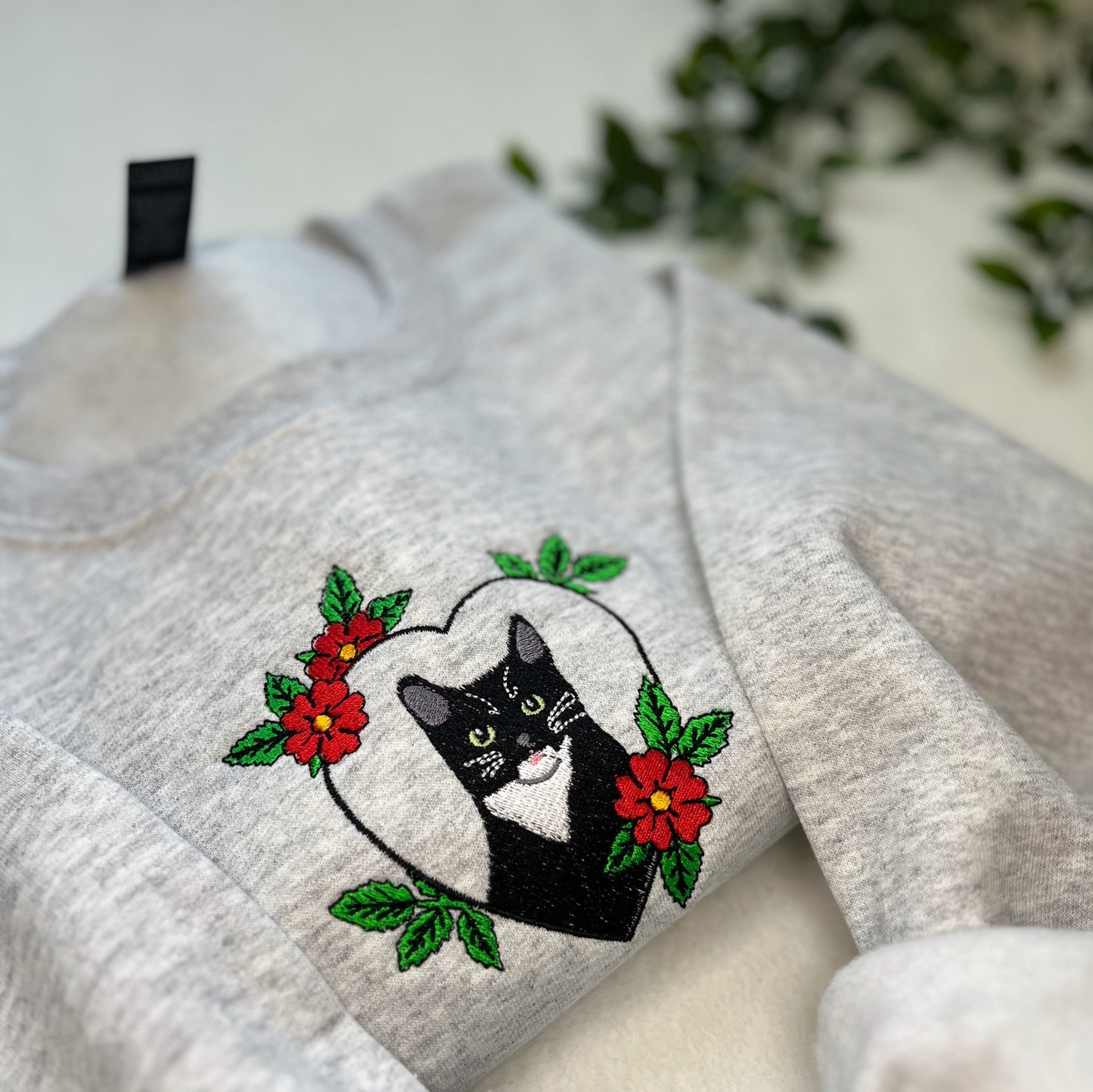 Watson Embroidered Sweatshirt | Tuxedo Cat Tattoo Inspired Embroidery