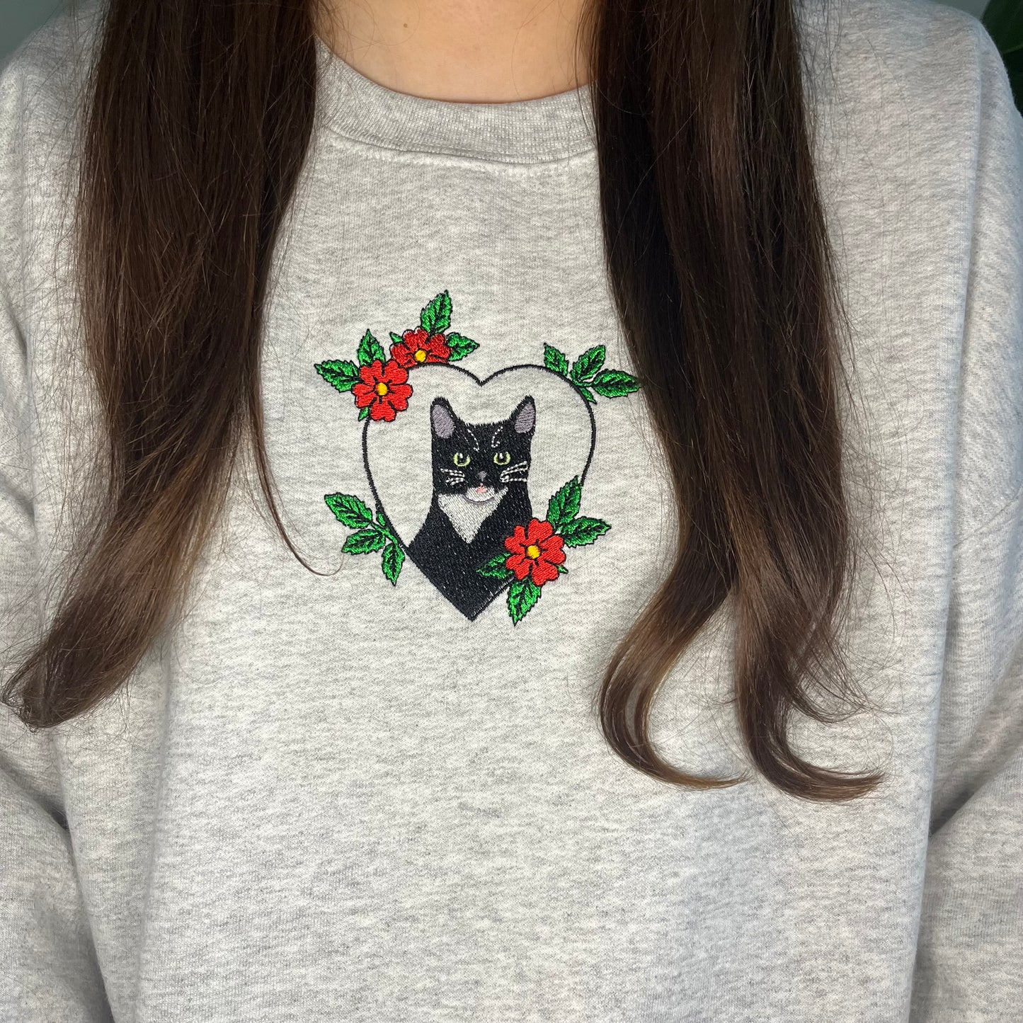 Watson Embroidered Sweatshirt | Tuxedo Cat Tattoo Inspired Embroidery