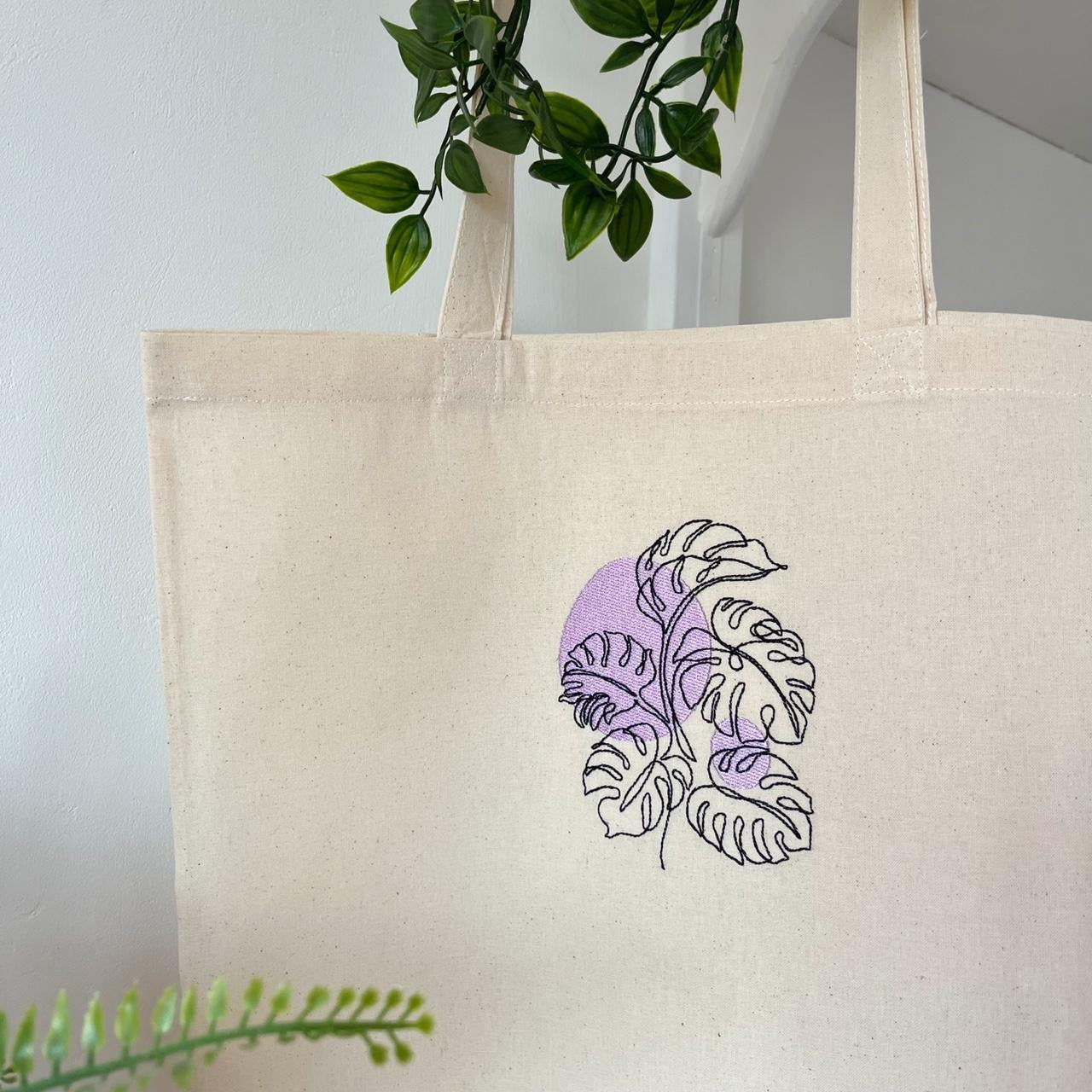 Monstera Plant Embroidered Tote Bag