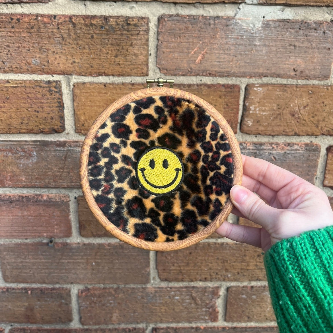 Leopard Print Smiley Face Embroidery Hoop Wall Art
