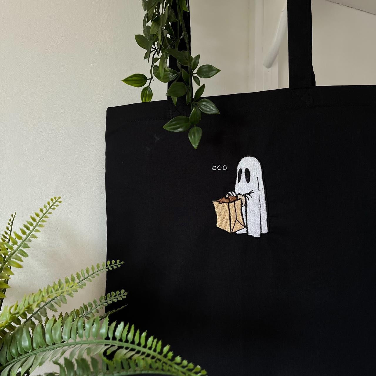 Candy Ghost Halloween Embroidered Tote Bag