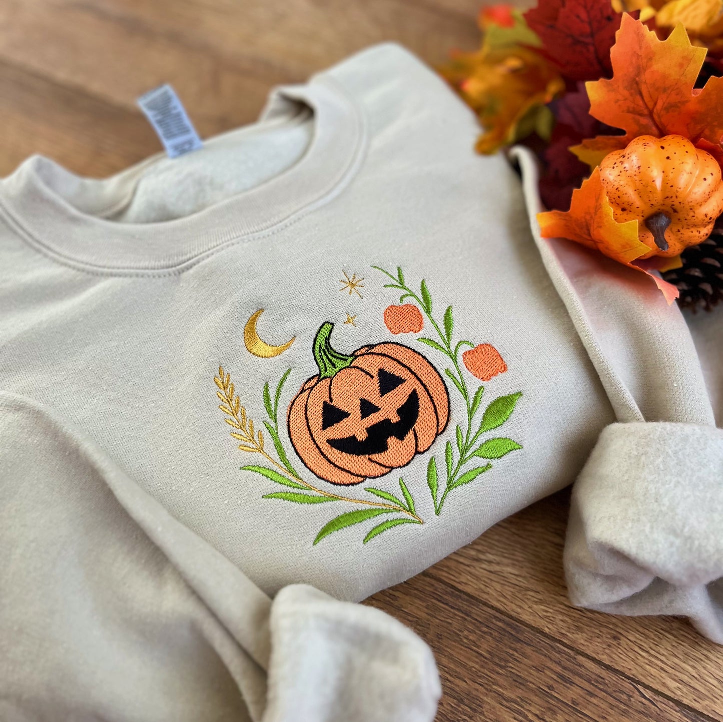 Whimsical Pumpkin Halloween Embroidered Crewneck Sweatshirt