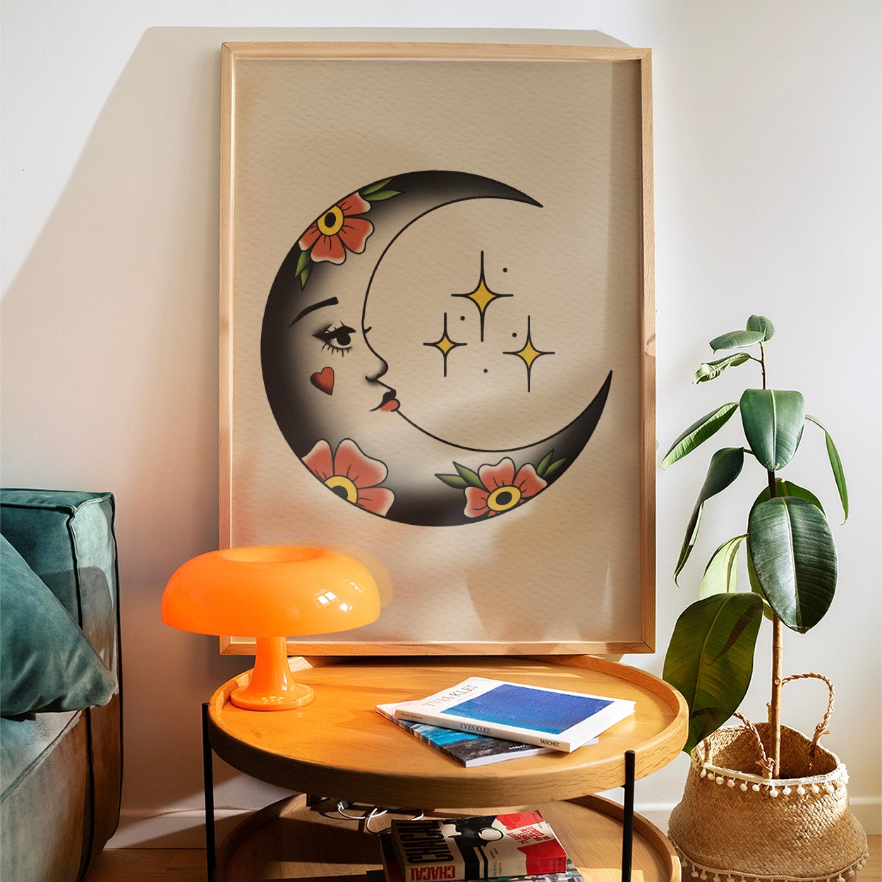 Whimsical Moon Traditional Tattoo Print Poster