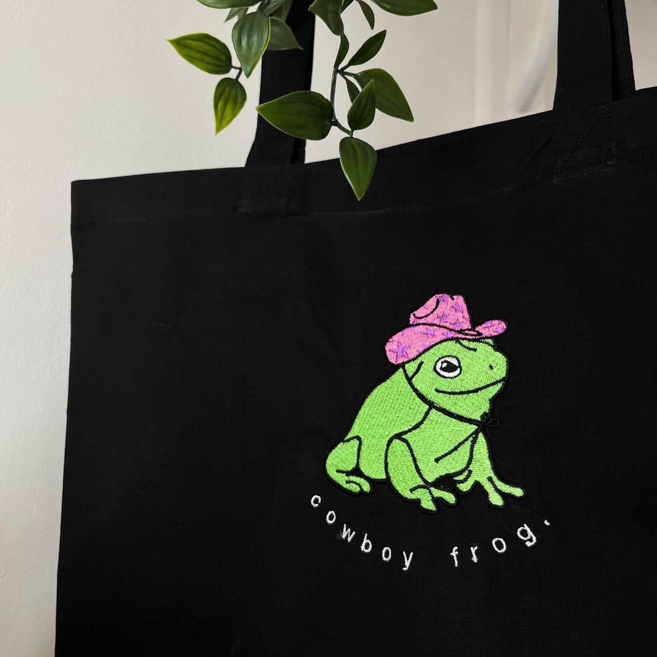 Cowboy Frog Embroidered Tote Bag