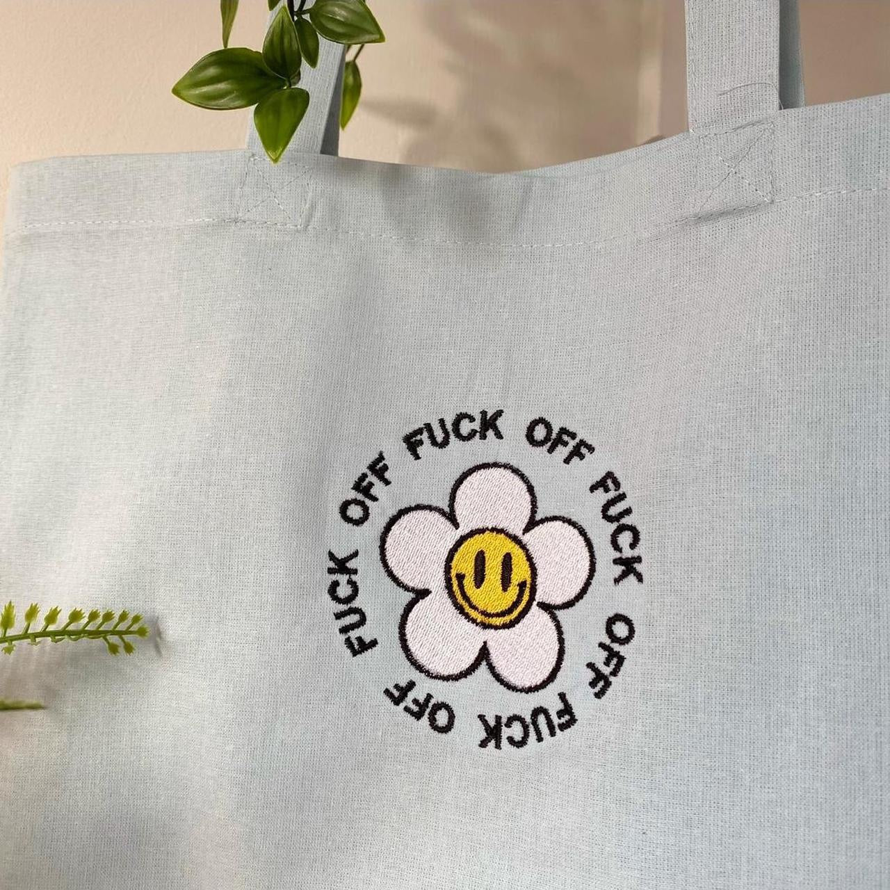 Fuck Off Flower Embroidered Tote Bag