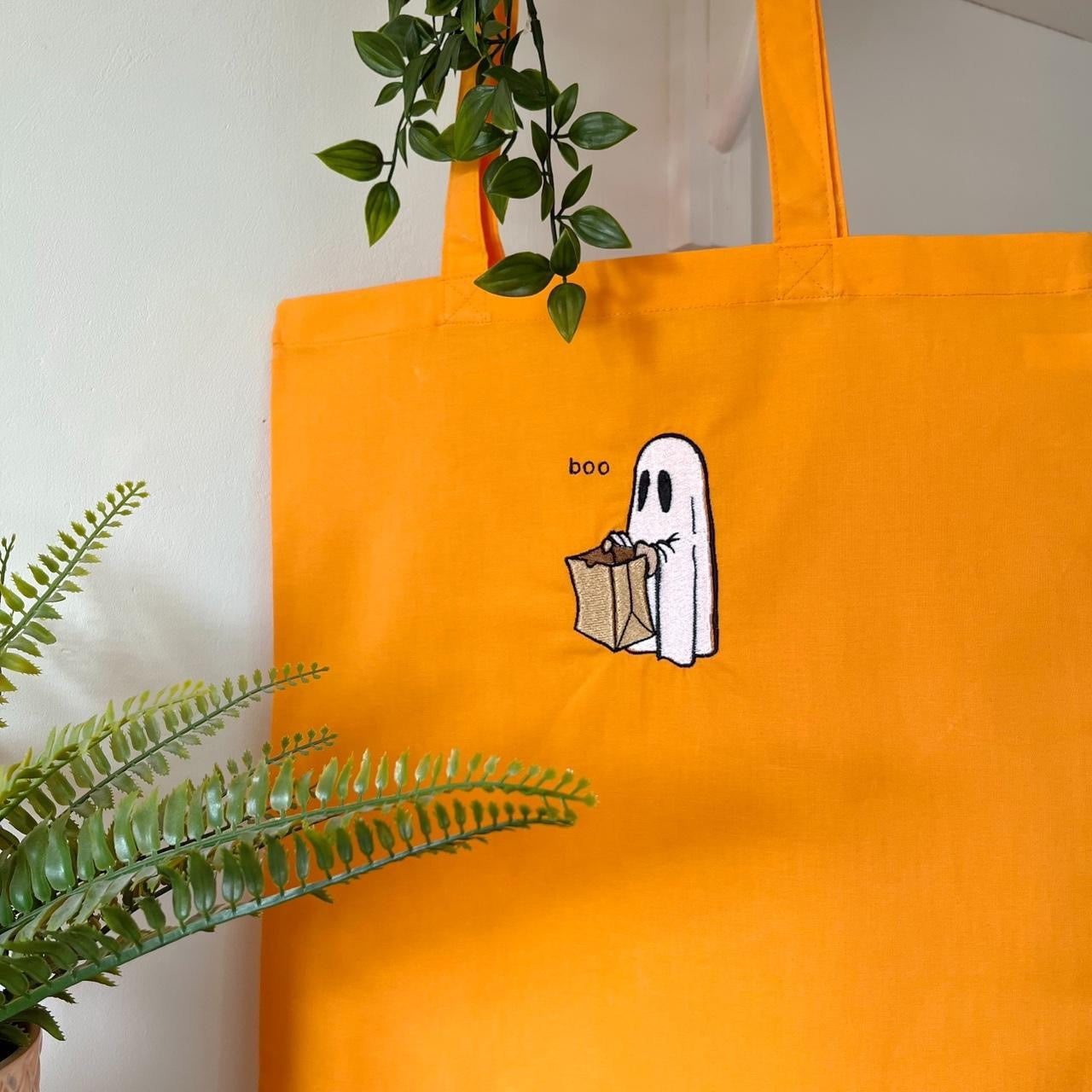 Candy Ghost Halloween Embroidered Tote Bag