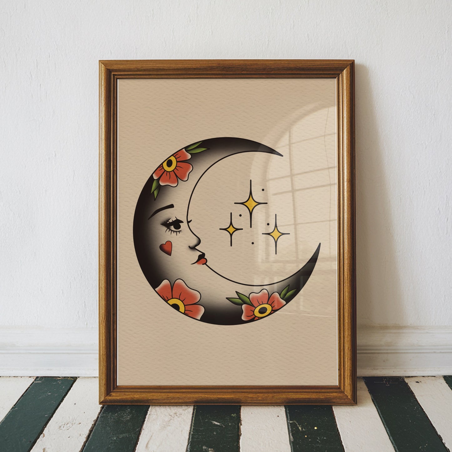 Whimsical Moon Traditional Tattoo Print Poster