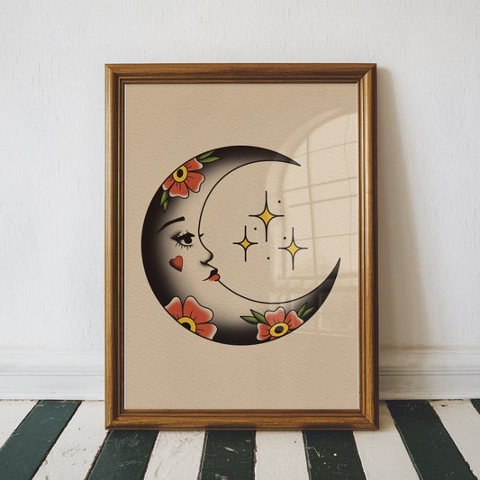 Whimsical Moon Traditional Tattoo Print Poster