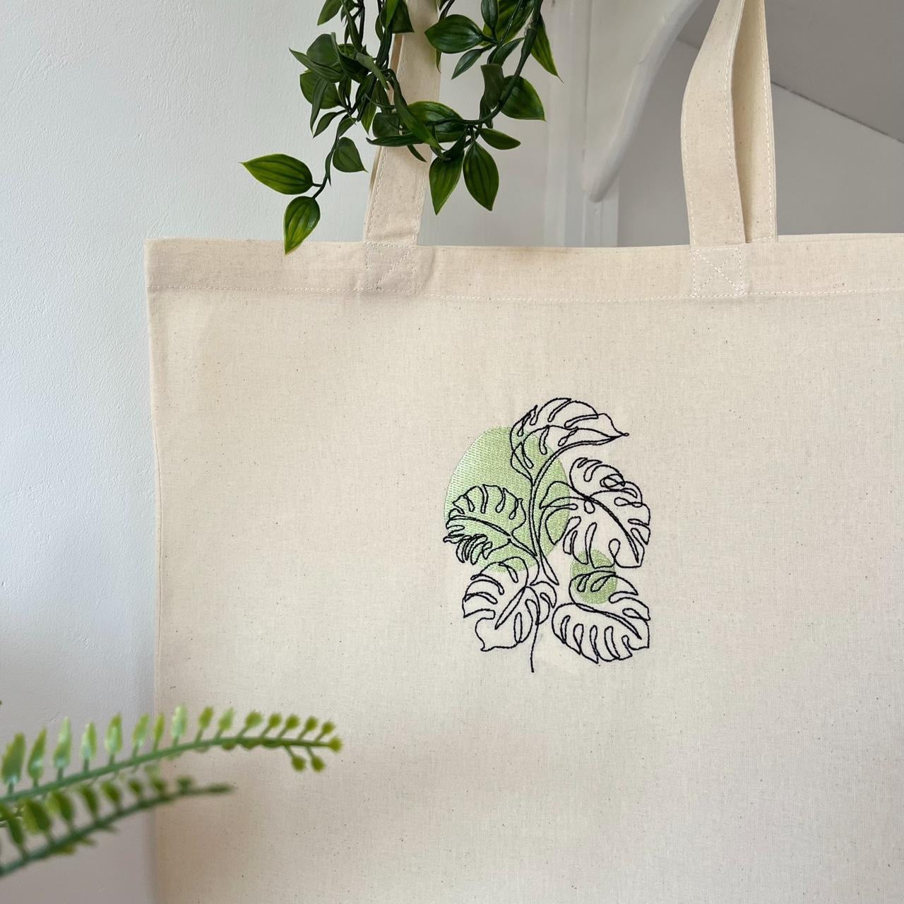 Monstera Plant Embroidered Tote Bag