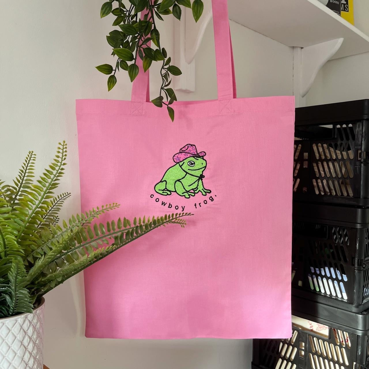 Cowboy Frog Embroidered Tote Bag