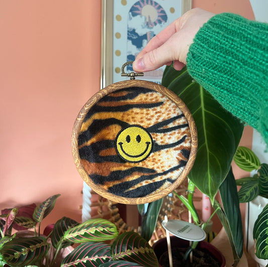 Tiger Print Smiley Face Embroidery Hoop Wall Art