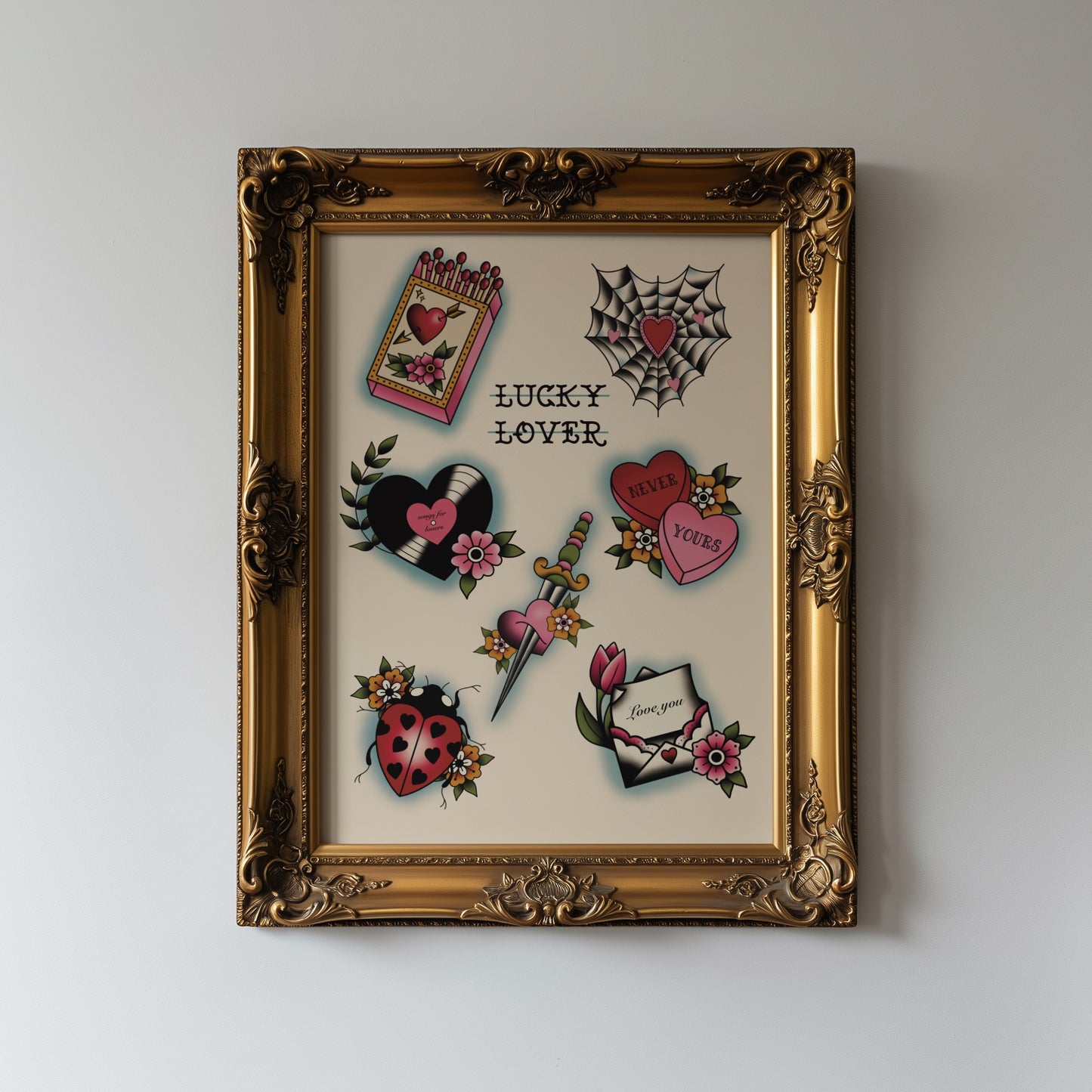 Valentine’s Traditional Tattoo Flash Sheet Print Poster