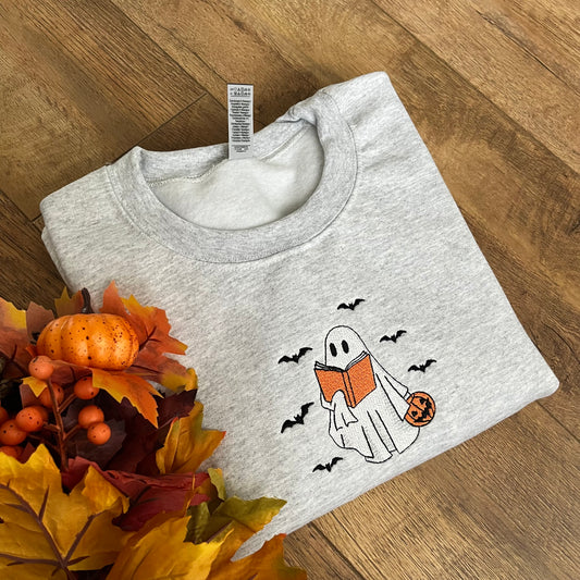 Book Lover Ghost Halloween Embroidered Sweatshirt