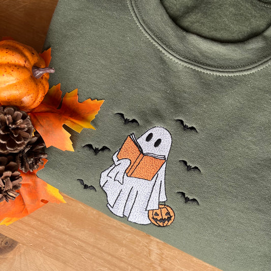 Book Lover Ghost Halloween Embroidered Sweatshirt
