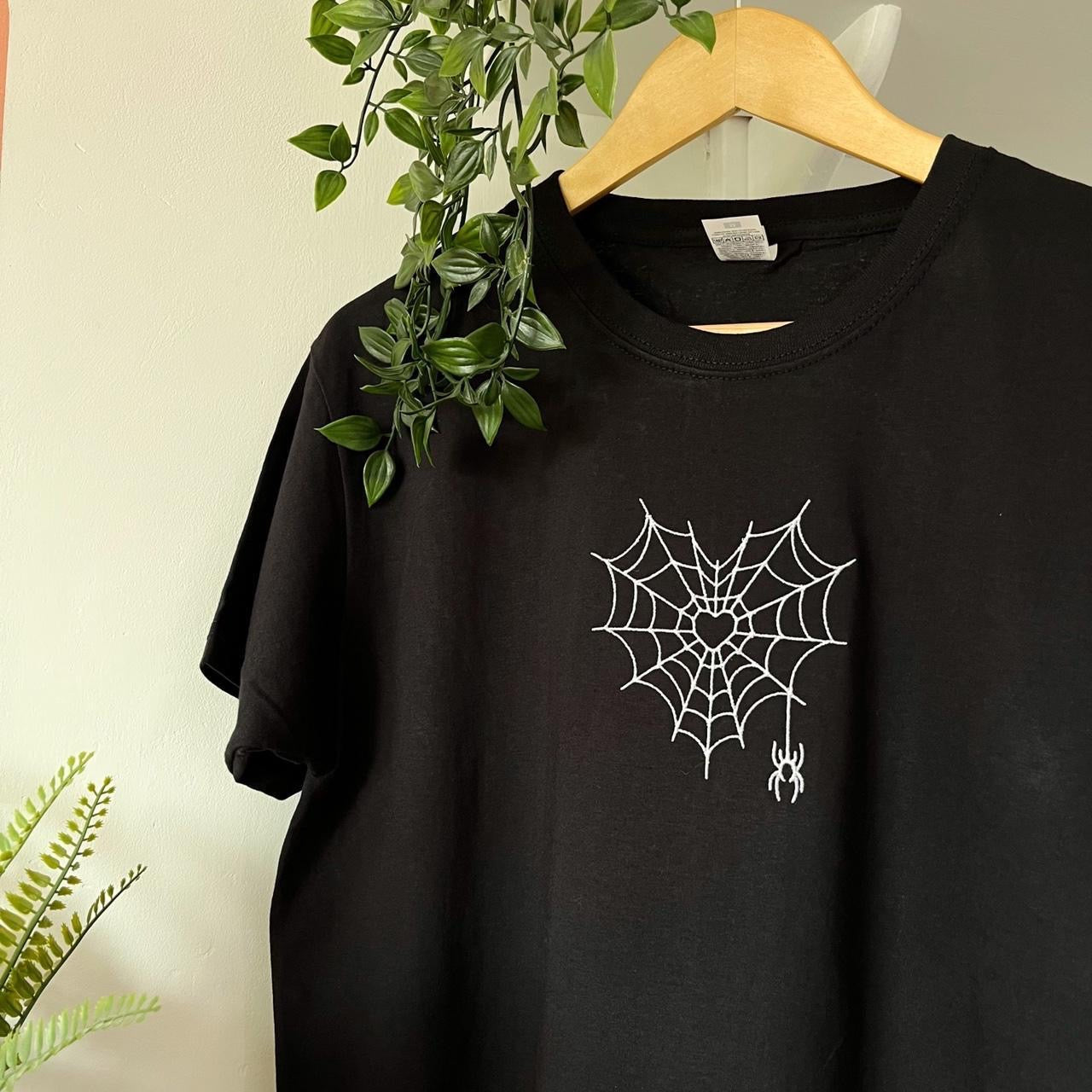 Spider Web Heart Tattoo Style Embroidered T-shirt
