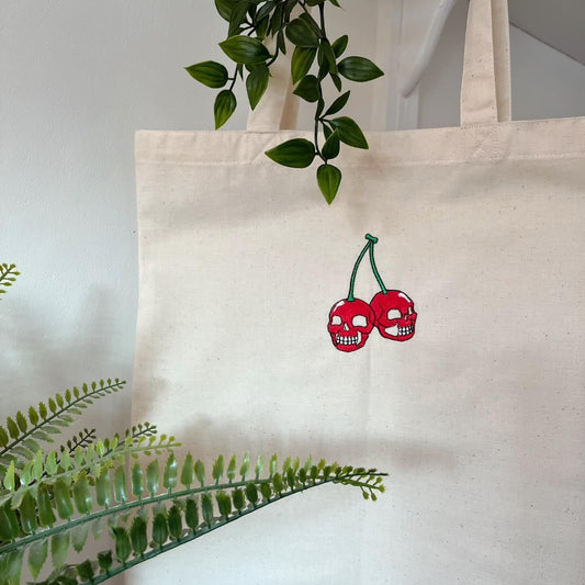 Cherry Skull Embroidered Tote Bag