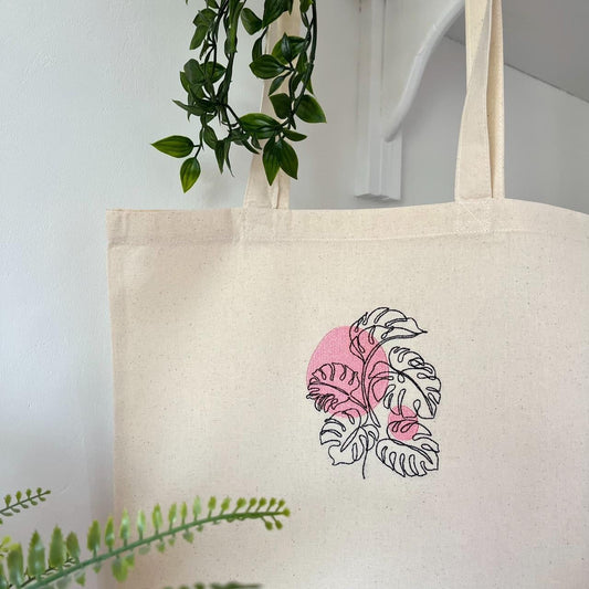 Monstera Plant Embroidered Tote Bag