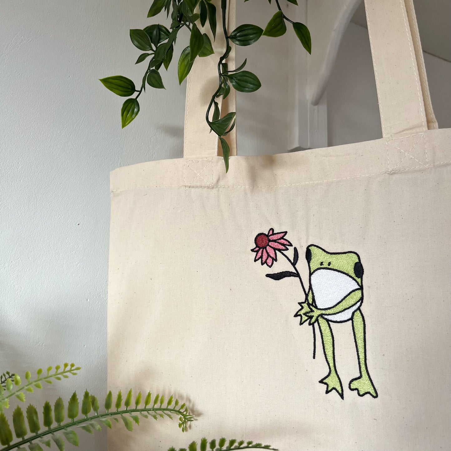 Flower Frog Embroidered Tote Bag