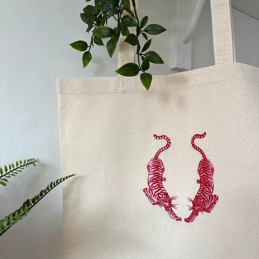 Twin Tigers Embroidered Tote Bag