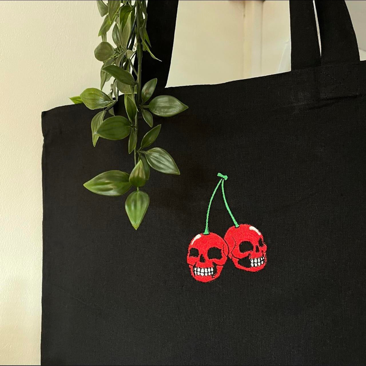 Cherry Skull Embroidered Tote Bag