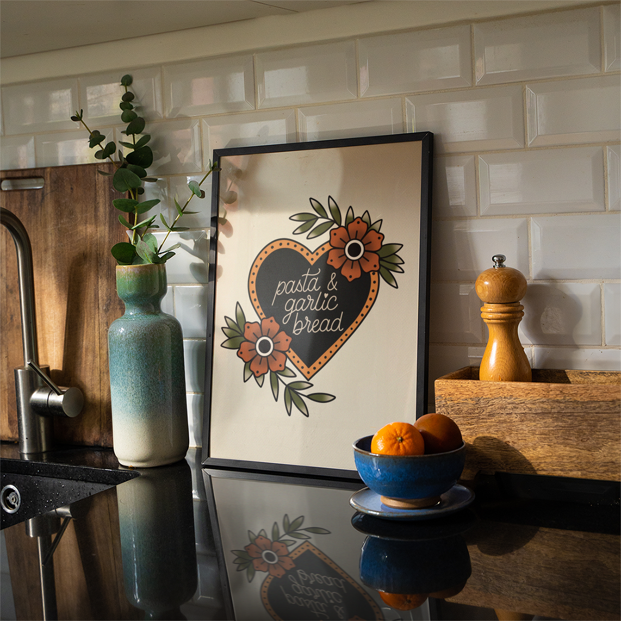 Pasta & Garlic Bread Traditional Tattoo Print Poster