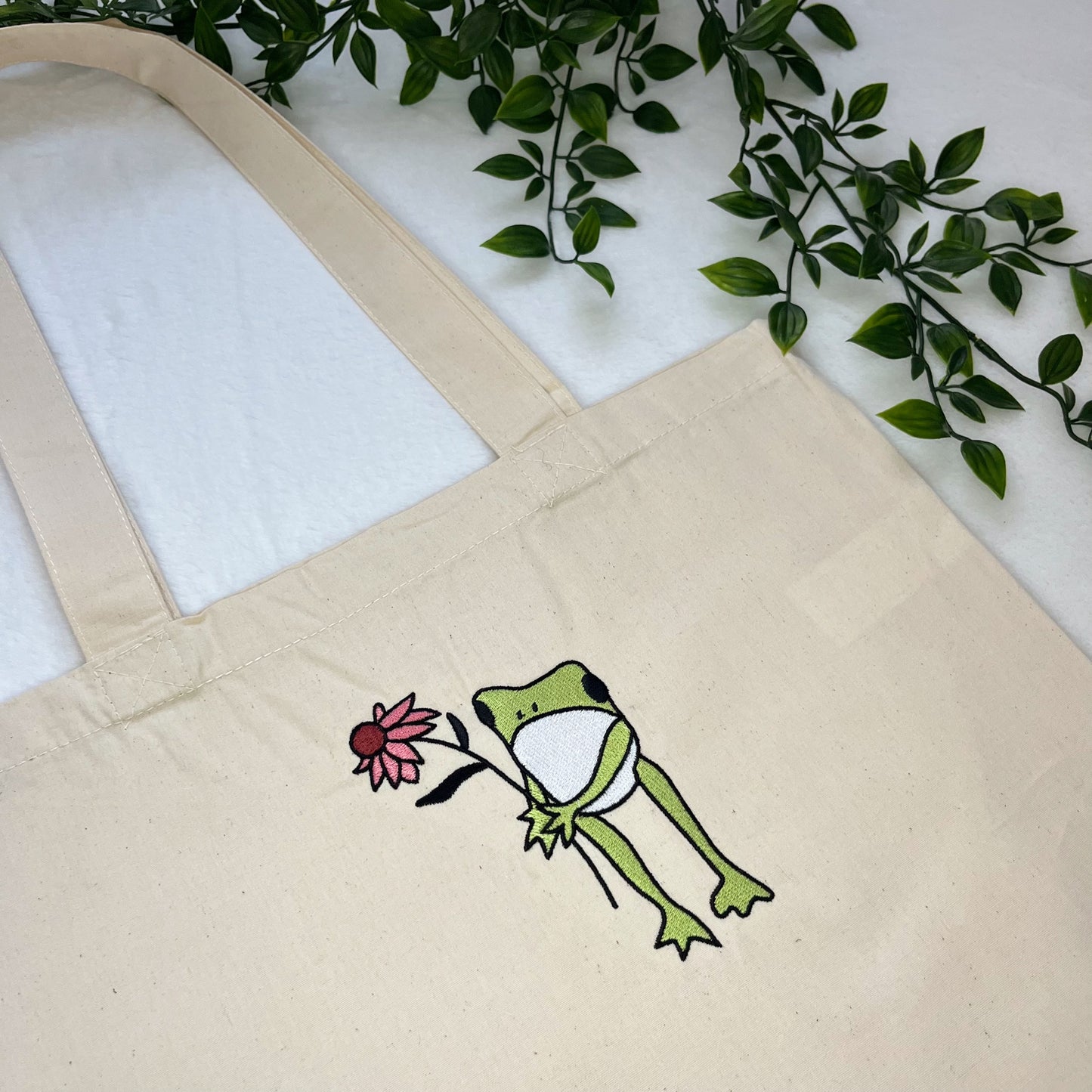 Flower Frog Embroidered Tote Bag