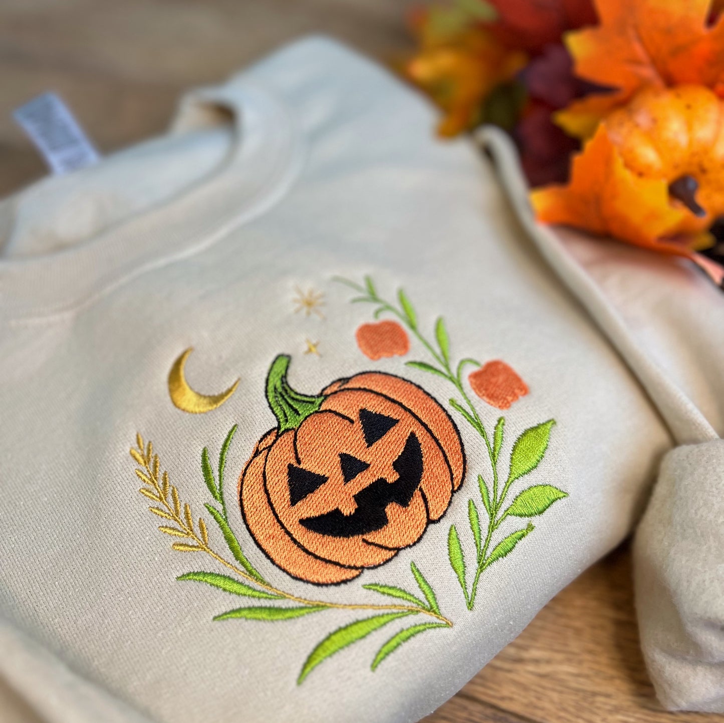Whimsical Pumpkin Halloween Embroidered Crewneck Sweatshirt