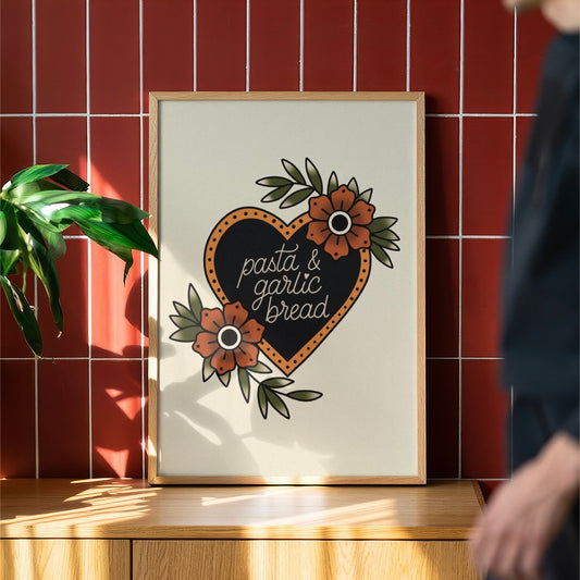 Pasta & Garlic Bread Traditional Tattoo Print Poster