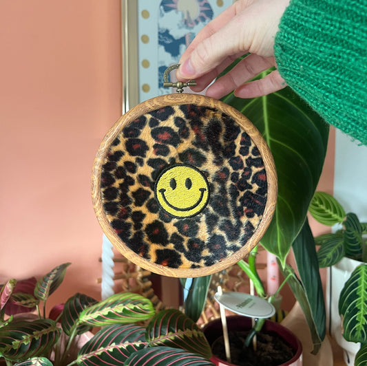 Leopard Print Smiley Face Embroidery Hoop Wall Art