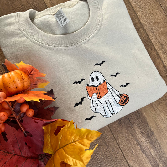 Book Lover Ghost Halloween Embroidered Sweatshirt