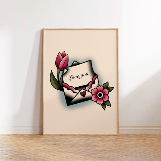 Valentine’s Love Letter Traditional Tattoo Print Poster