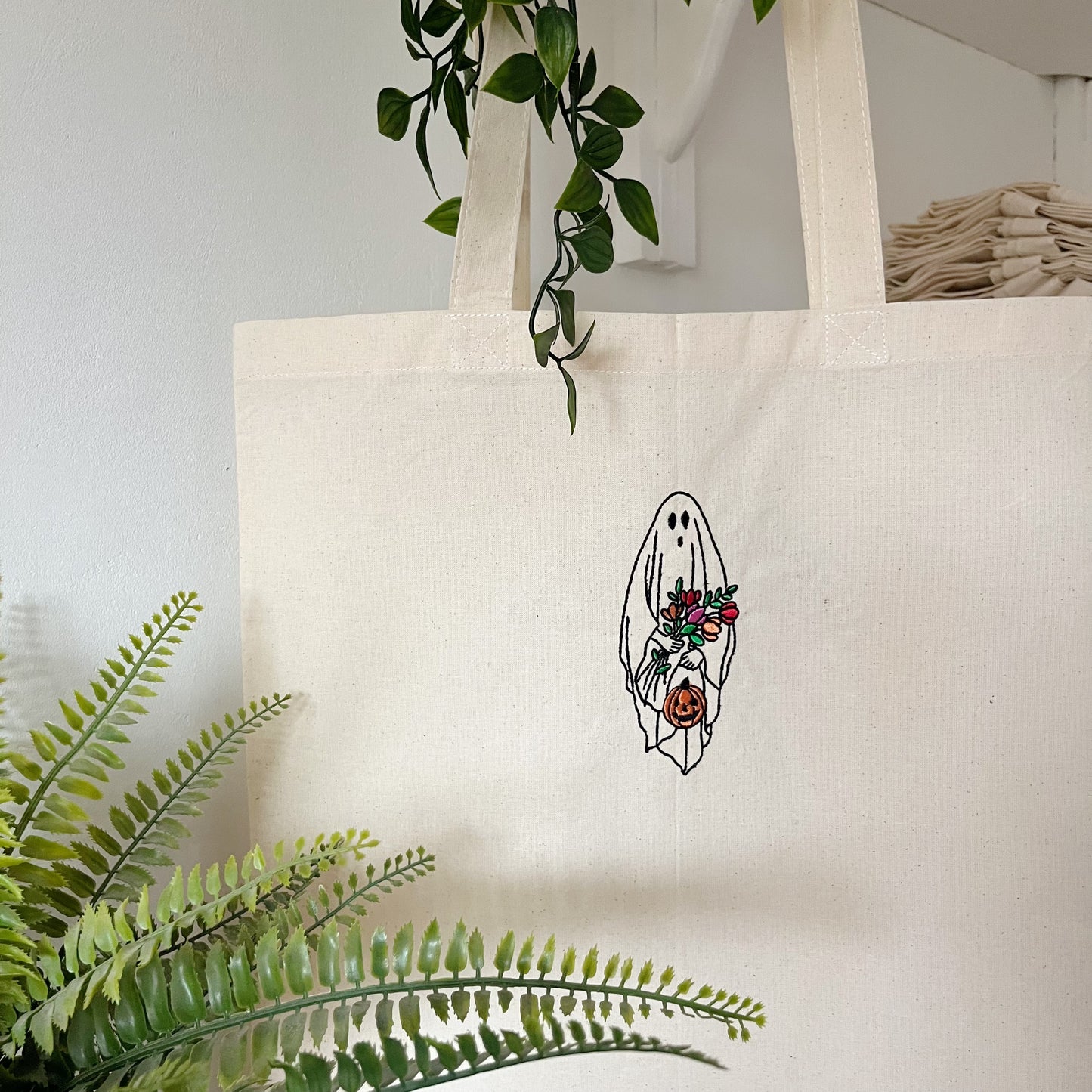 Floral Ghost Halloween Embroidered Tote Bag