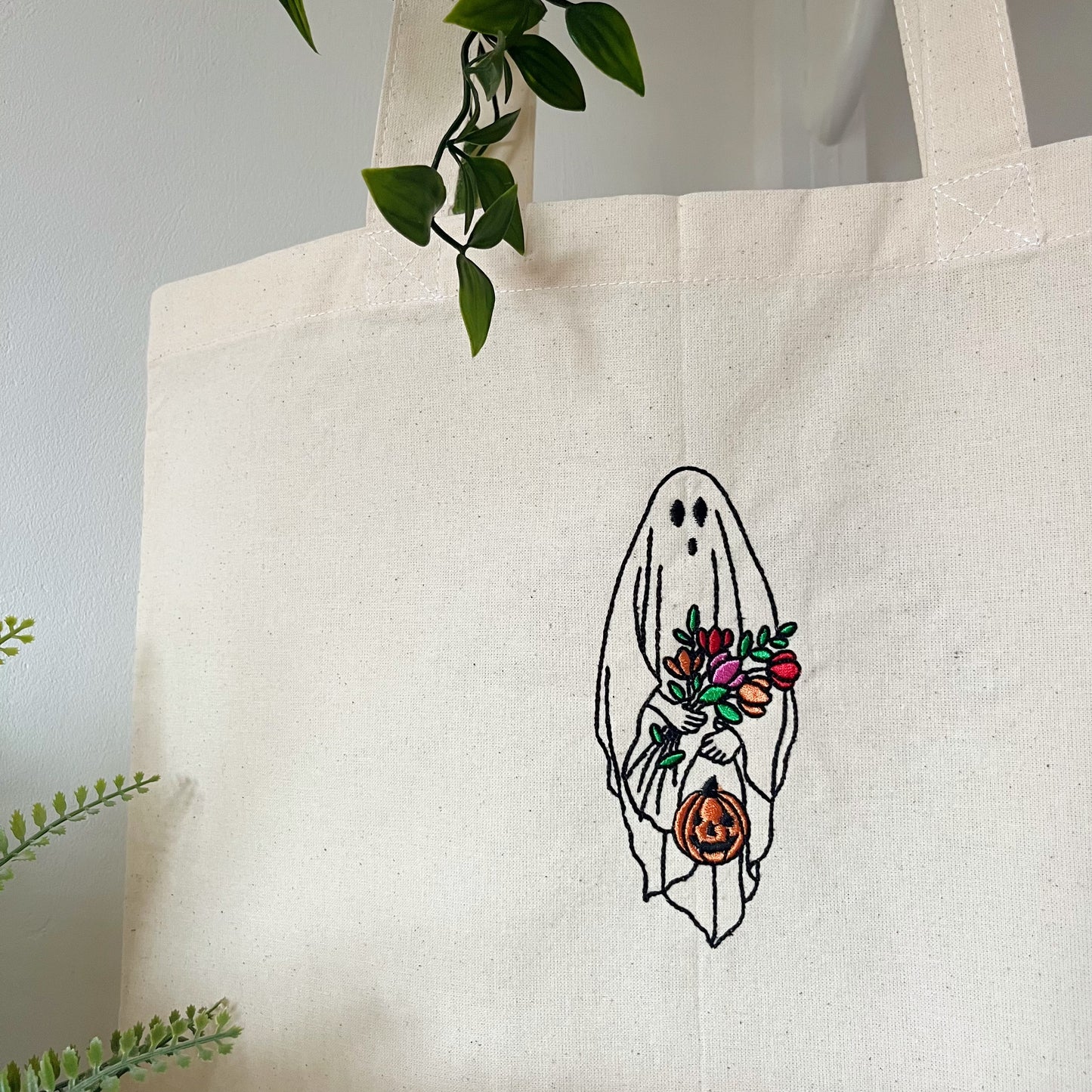 Floral Ghost Halloween Embroidered Tote Bag