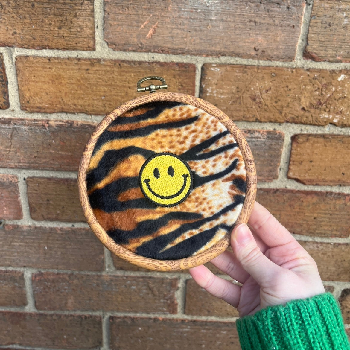 Tiger Print Smiley Face Embroidery Hoop Wall Art