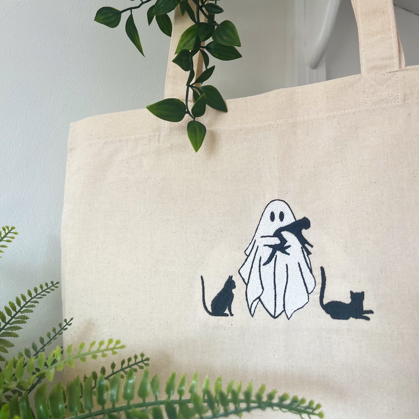 Ghost Cat Halloween Embroidered Tote Bag