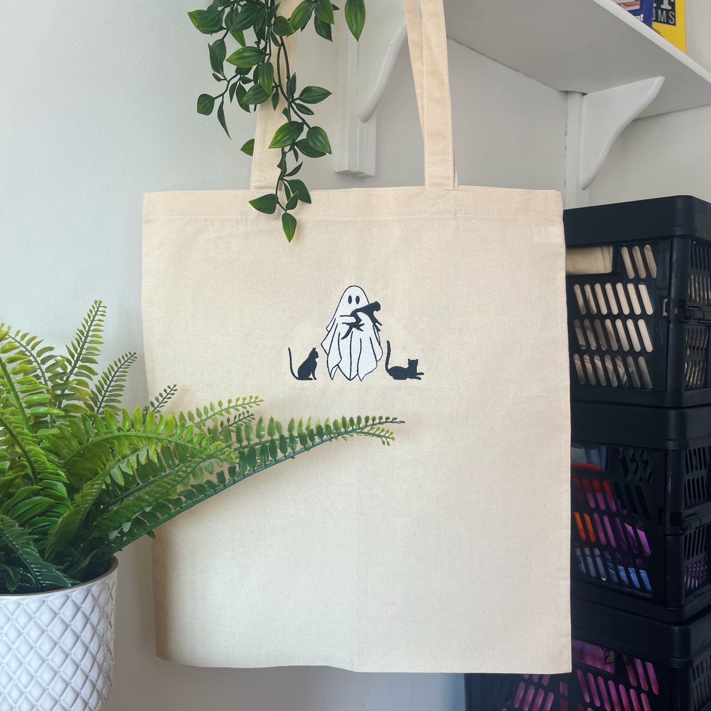 Ghost Cat Halloween Embroidered Tote Bag